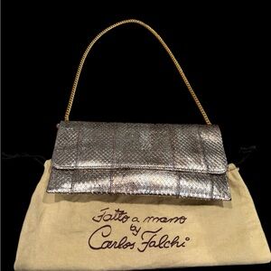 Carlos Falchi Metallic Python Snakeskin Clutch with Gold Chain Handmade